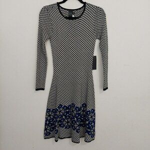 Label By Five Twelve Blue Gray Houndstooth Fit Flare Long Sleeve Knit Dress Sz S